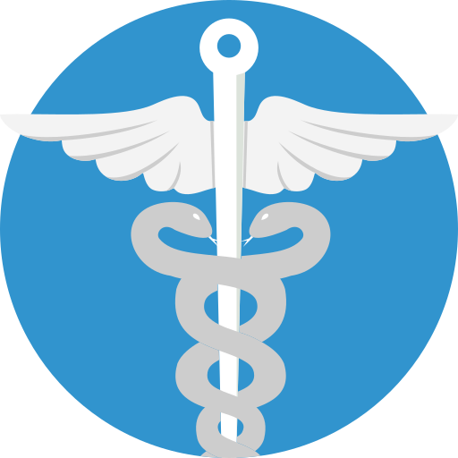 A caduceus symbol with wings and a snake on a blue background.