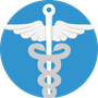 A caduceus symbol with wings and a snake on a blue background.