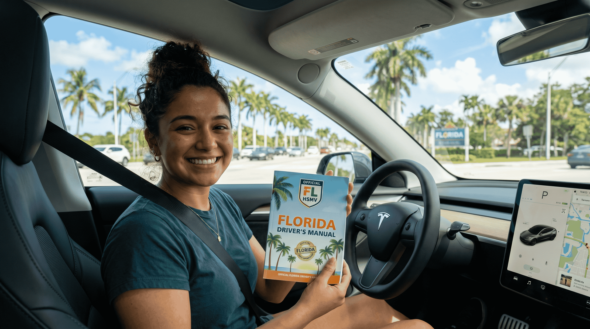 Joven hispano sonriente al volante de un auto en Florida, sosteniendo el manual de estudio para prep
