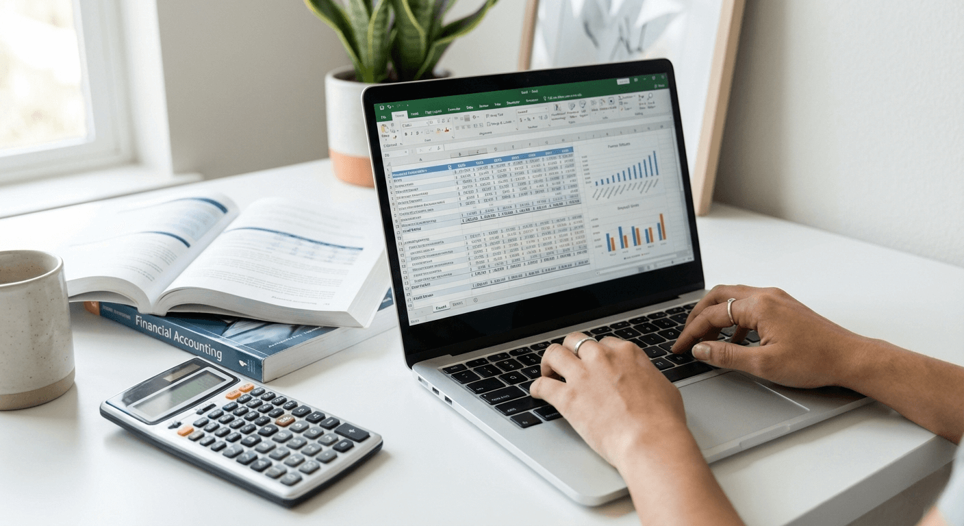 Estudiante de contabilidad trabajando con hojas de cálculo financieras en laptop mientras estudia en