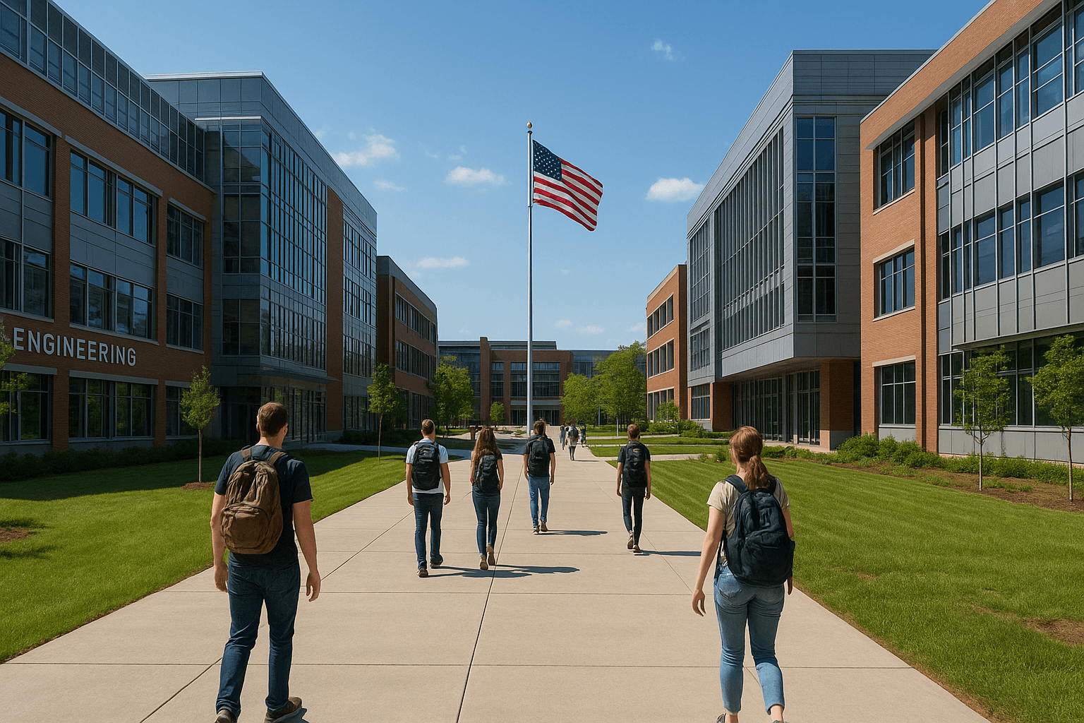 Vista panorámica de un moderno campus universitario de ingeniería en Estados Unidos con estudiantes