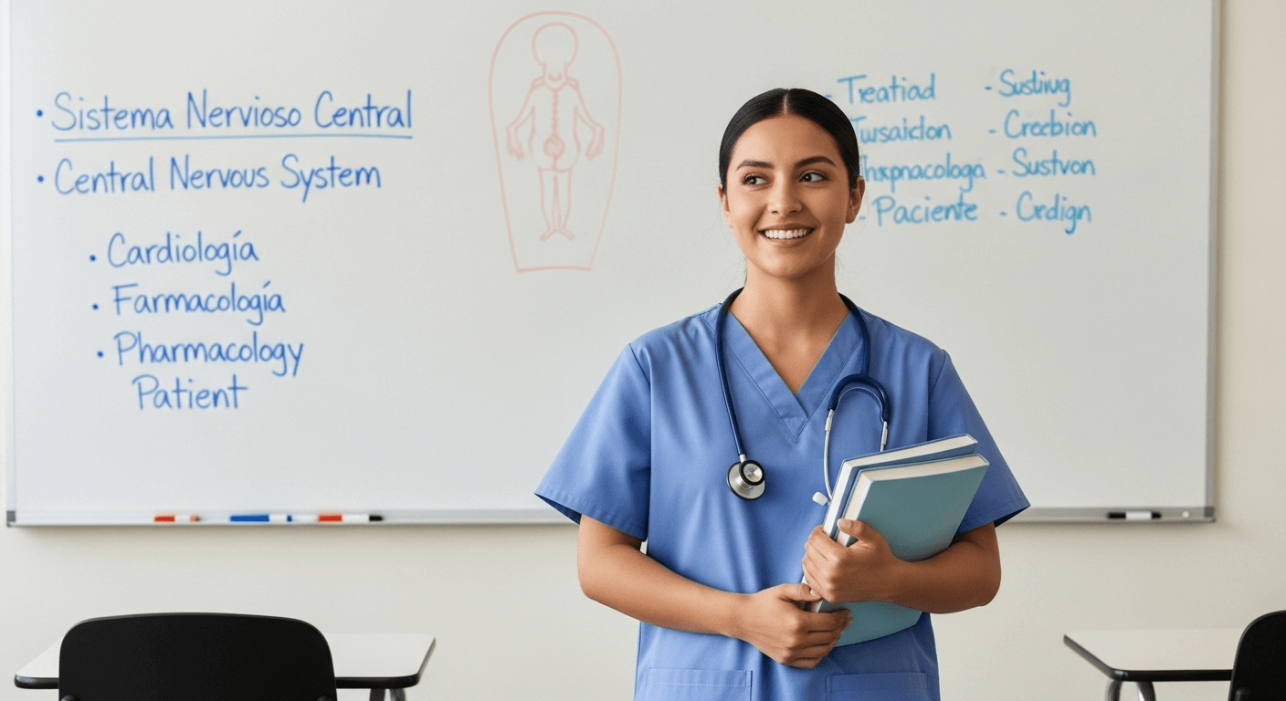 Estudiante hispana en aula médica representando estudiar enfermería en Estados Unidos en español.