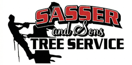 Logo for Sasser and Sons Tree Service featuring a silhouette of a person working on a tree and red text.