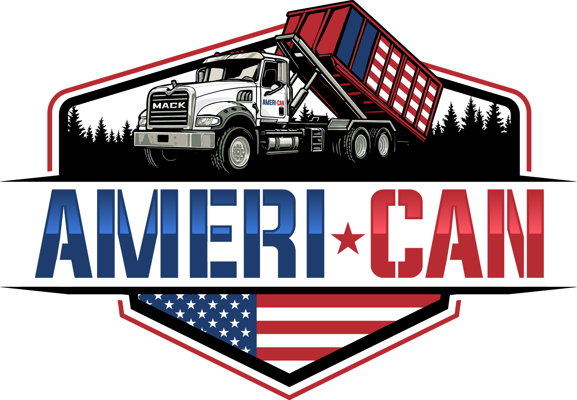 A red dump truck with an American flag design on the container and the text "AMERI-CAN" below it.