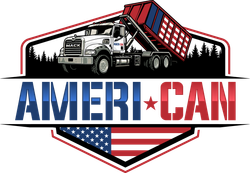 A red dump truck with an American flag design on the container and the text "AMERI-CAN" below it.