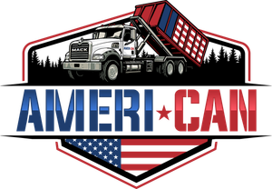 A red dump truck with an American flag design on the container and the text "AMERI-CAN" below it.