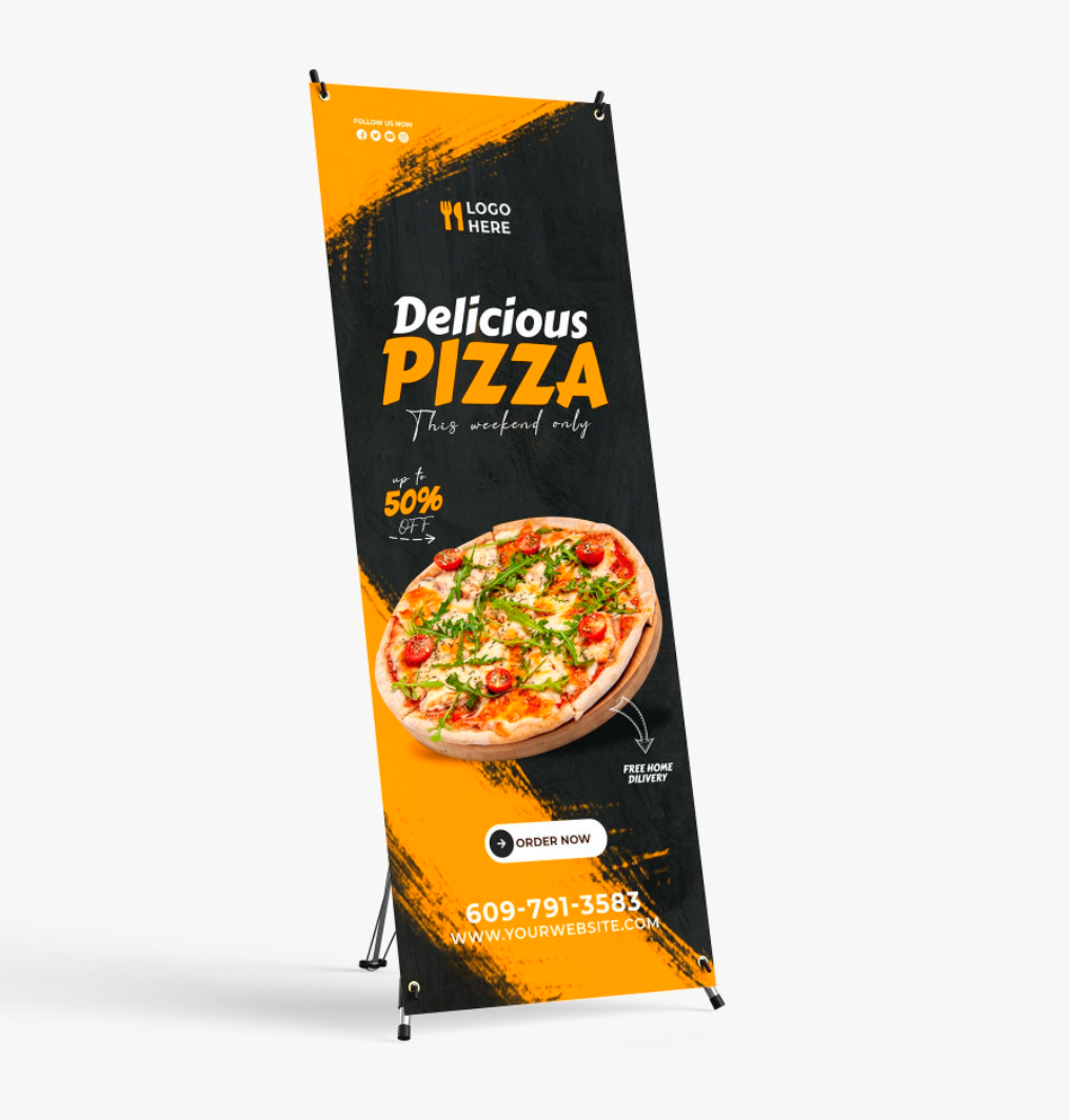 X-banner for a pizza restaurant, featuring a delicious pizza and a phone number.