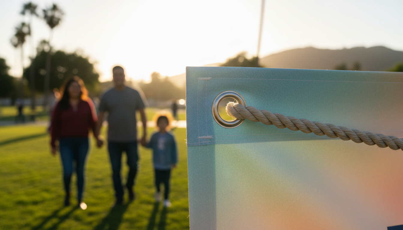 Family walking in park, banner in foreground, rope detail, sunset.