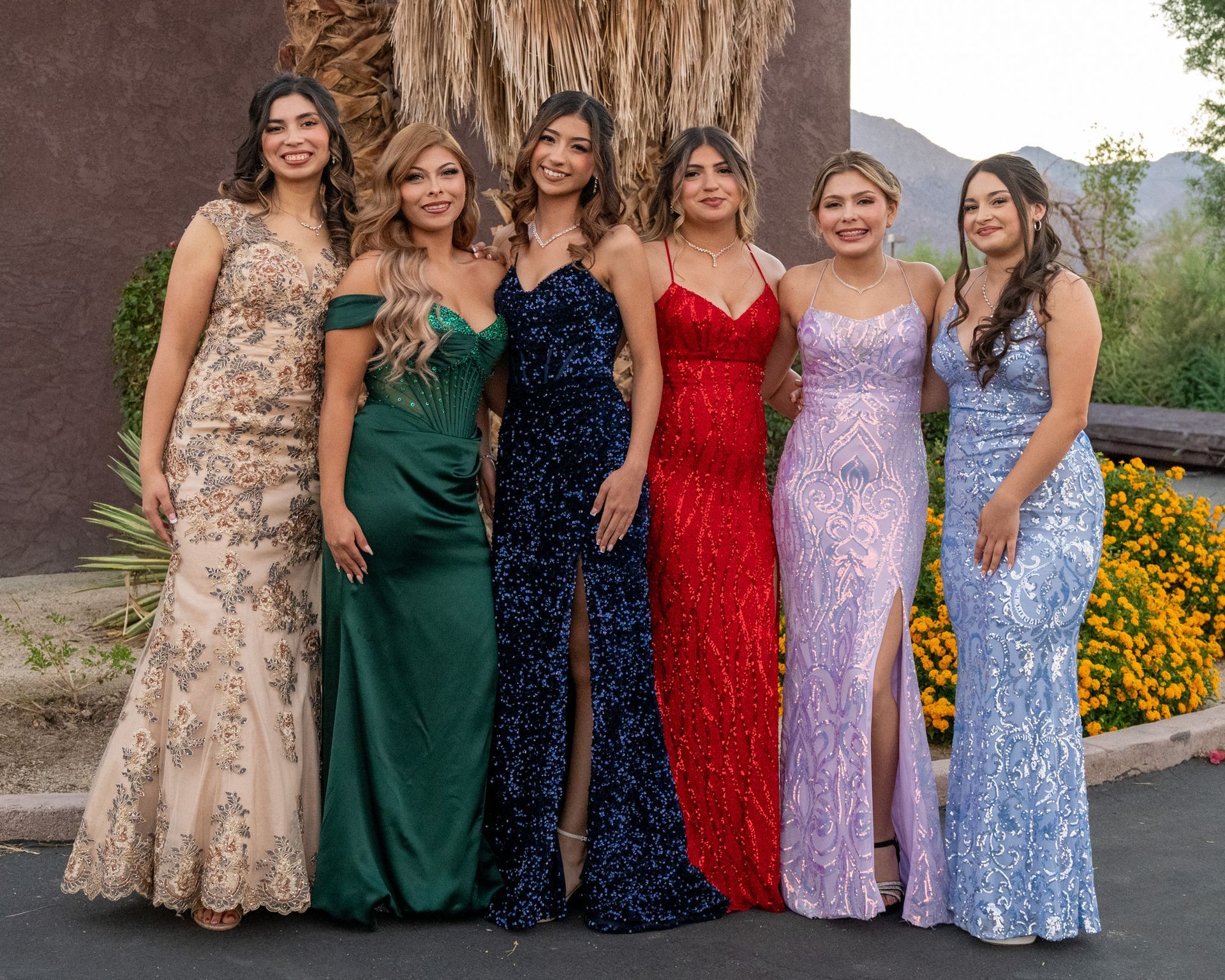 Six people stand side-by-side outdoors, wearing long, formal, floor-length gowns in various colors: beige, green, navy, red.