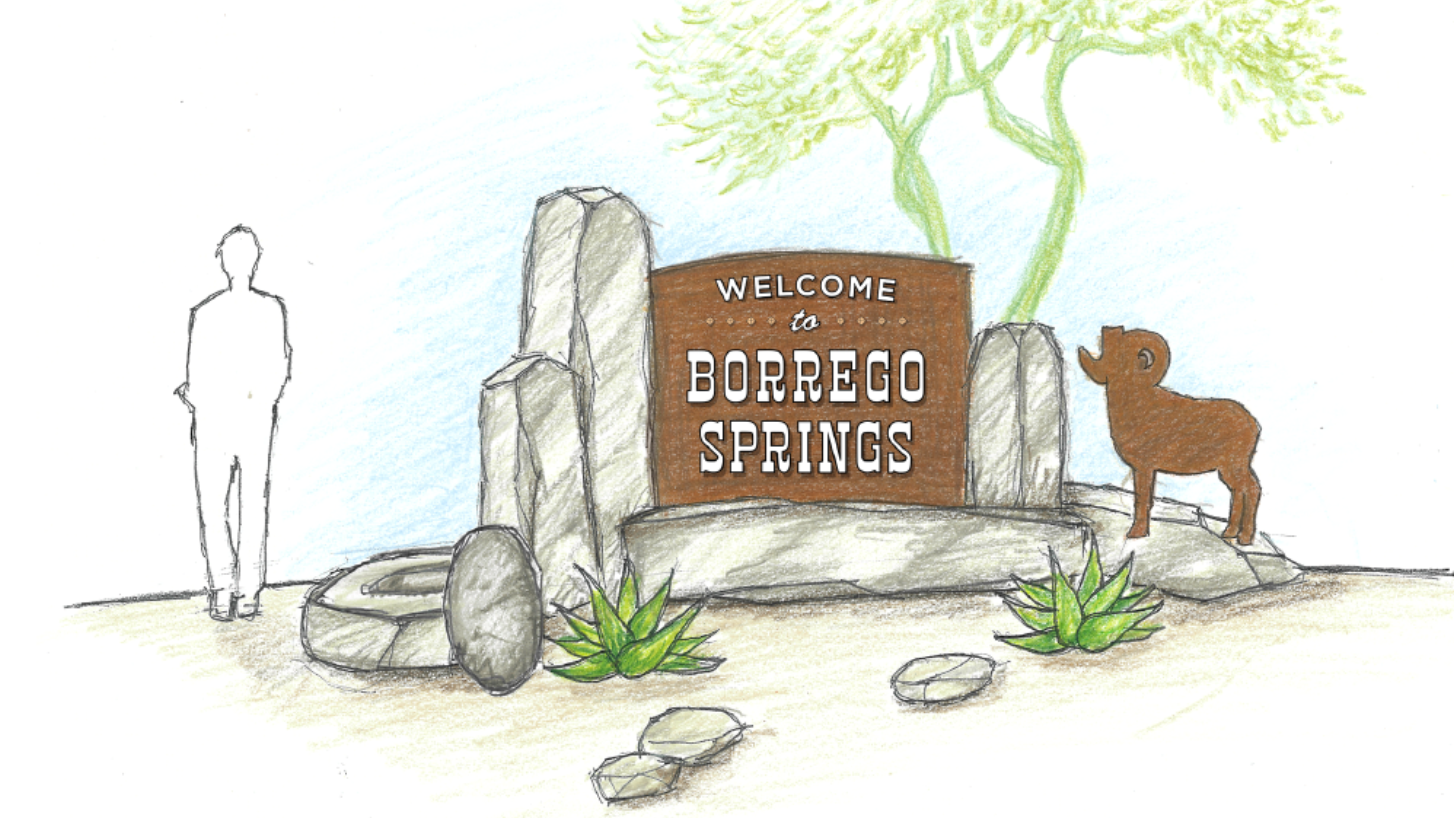 A sketch of a Welcome to Borrego Springs sign featuring stone pillars, a brown plaque, desert plants, and a bighorn sheep.