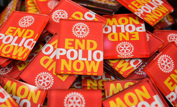 A pile of red rectangular pins with the Rotary logo and the text 
