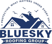 BlueSky Roofing Group logo with blue roof house icon and tagline &ldquo;Protecting What Matters Under Every Sky&rdquo;