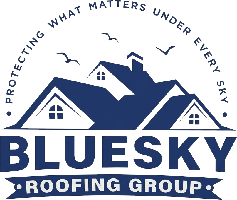 BlueSky Roofing Group logo with blue roof house icon and tagline &ldquo;Protecting What Matters Under Every Sky&rdquo;