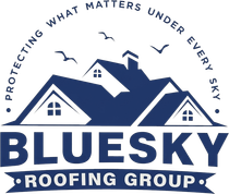 BlueSky Roofing Group logo with blue roof house icon and tagline &ldquo;Protecting What Matters Under Every Sky&rdquo;