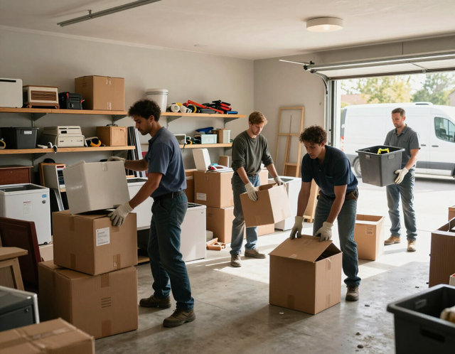 Property cleanout crew sorting and removing items