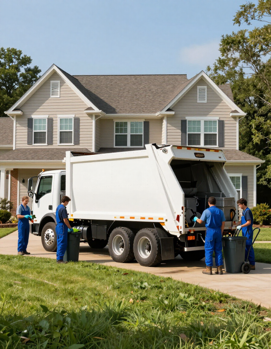 Junk removal truck and crew at a property