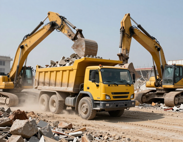 Dumpster truck hauling demolition debris