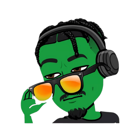 A green cartoon character wearing headphones and sunglasses.