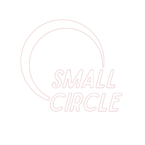 The logo for small circle is a pink circle with the words `` small circle '' written inside of it.