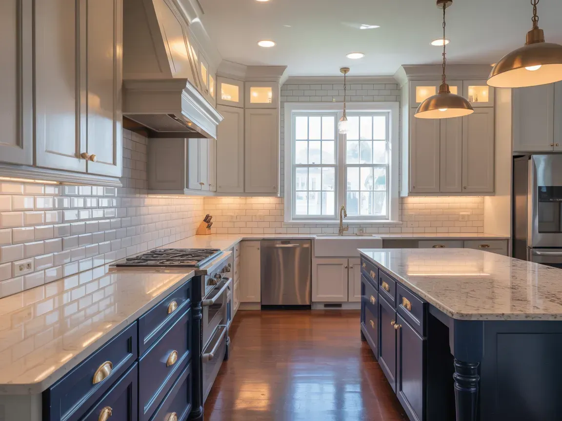 Bright modern kitchen with navy island, white cabinets, marble countertops, and large window
