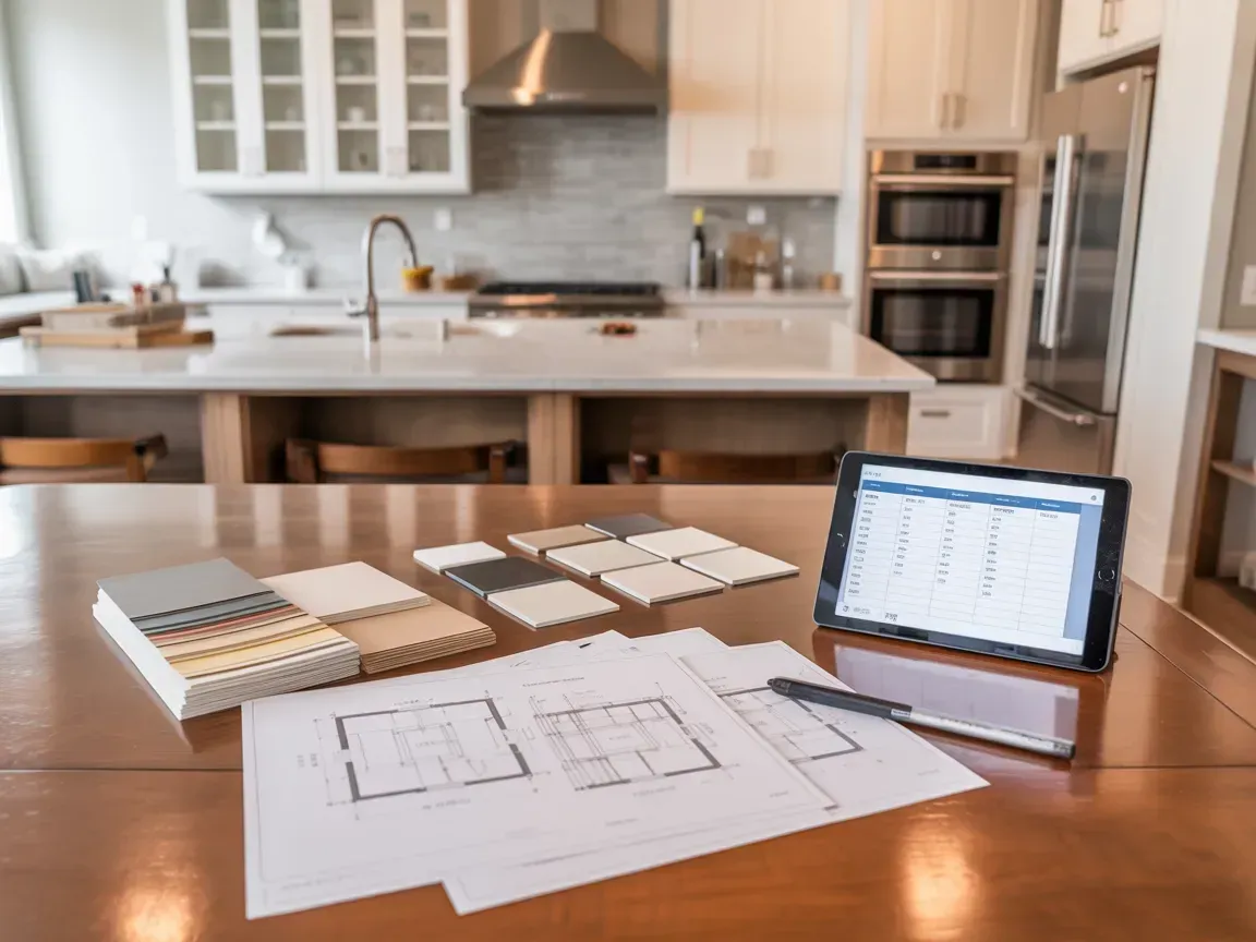 Kitchen renovation plans on a table with floor samples and a tablet in a bright kitchen