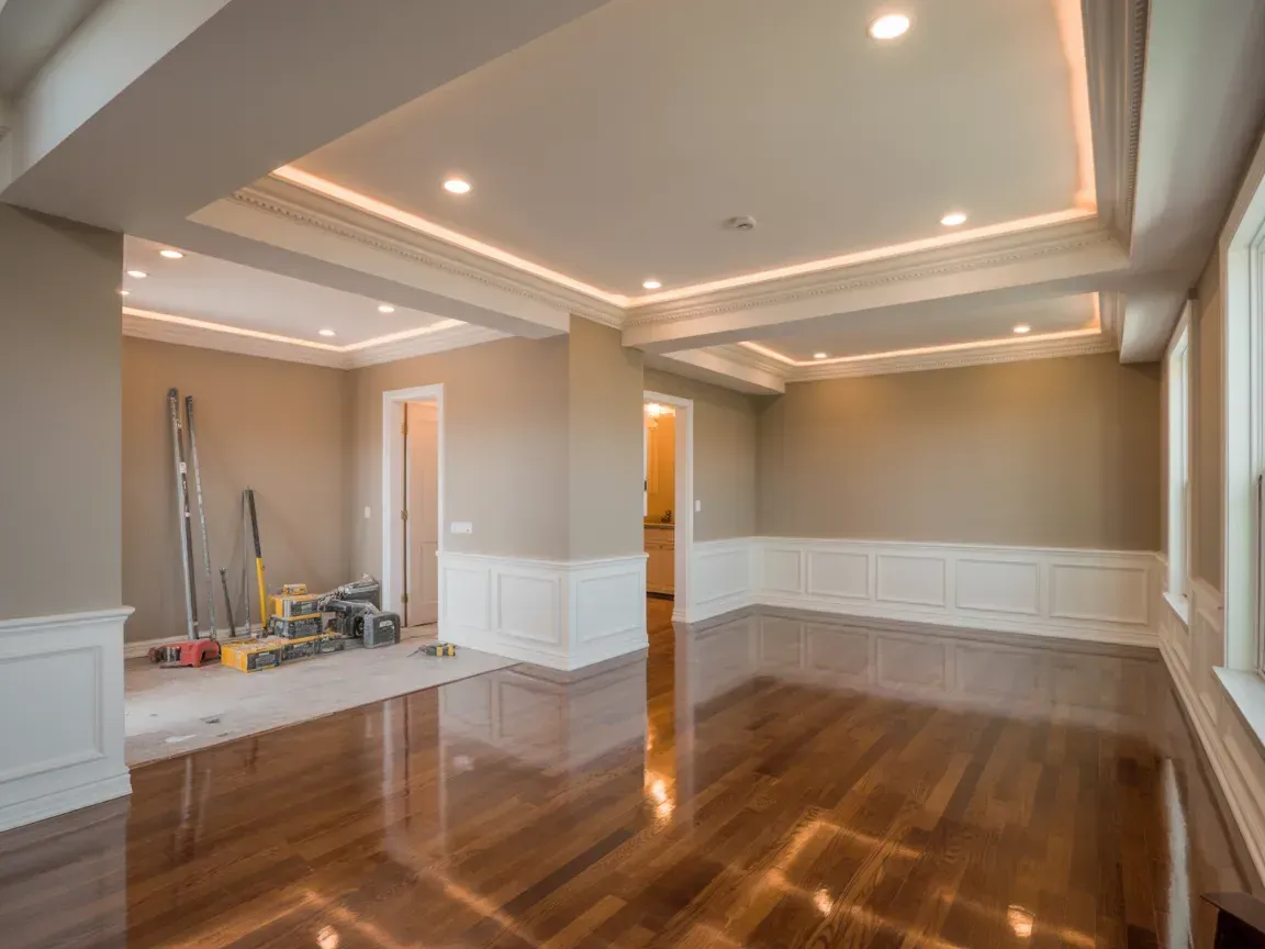 Empty living room under renovation with polished hardwood floors, beige walls, and recessed ceiling lights.