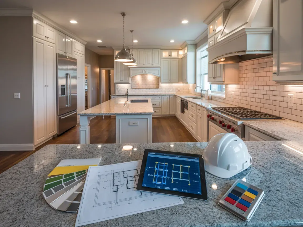 Modern kitchen with island, tablet, blueprints, hard hat, and color swatches on a countertop