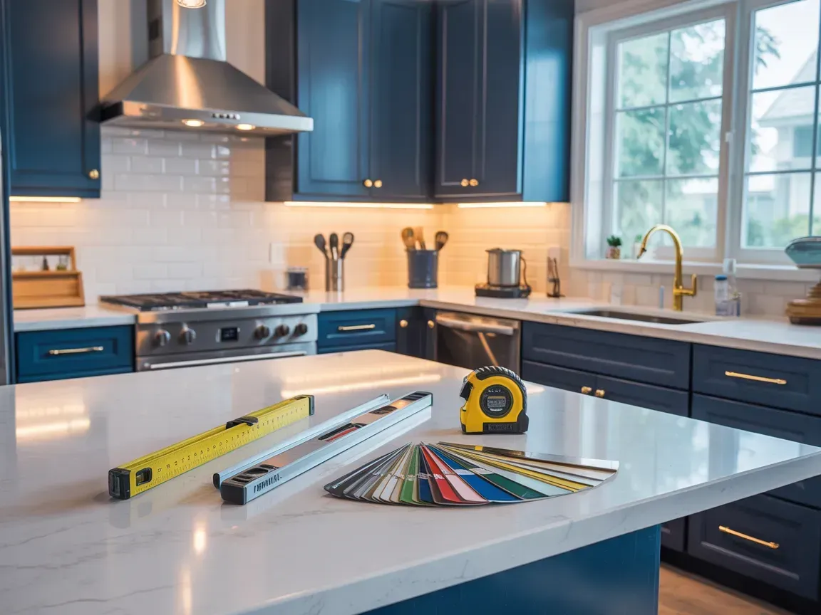 Modern kitchen with blue cabinets and a countertop covered in measuring tools and a tape measure