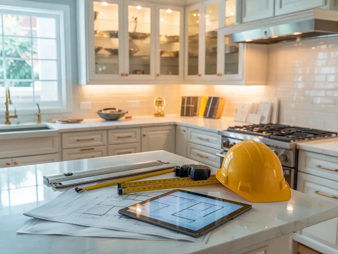 Kitchen countertop with yellow hard hat, tablet, rolled plans, and drafting tools in a bright renovation scene