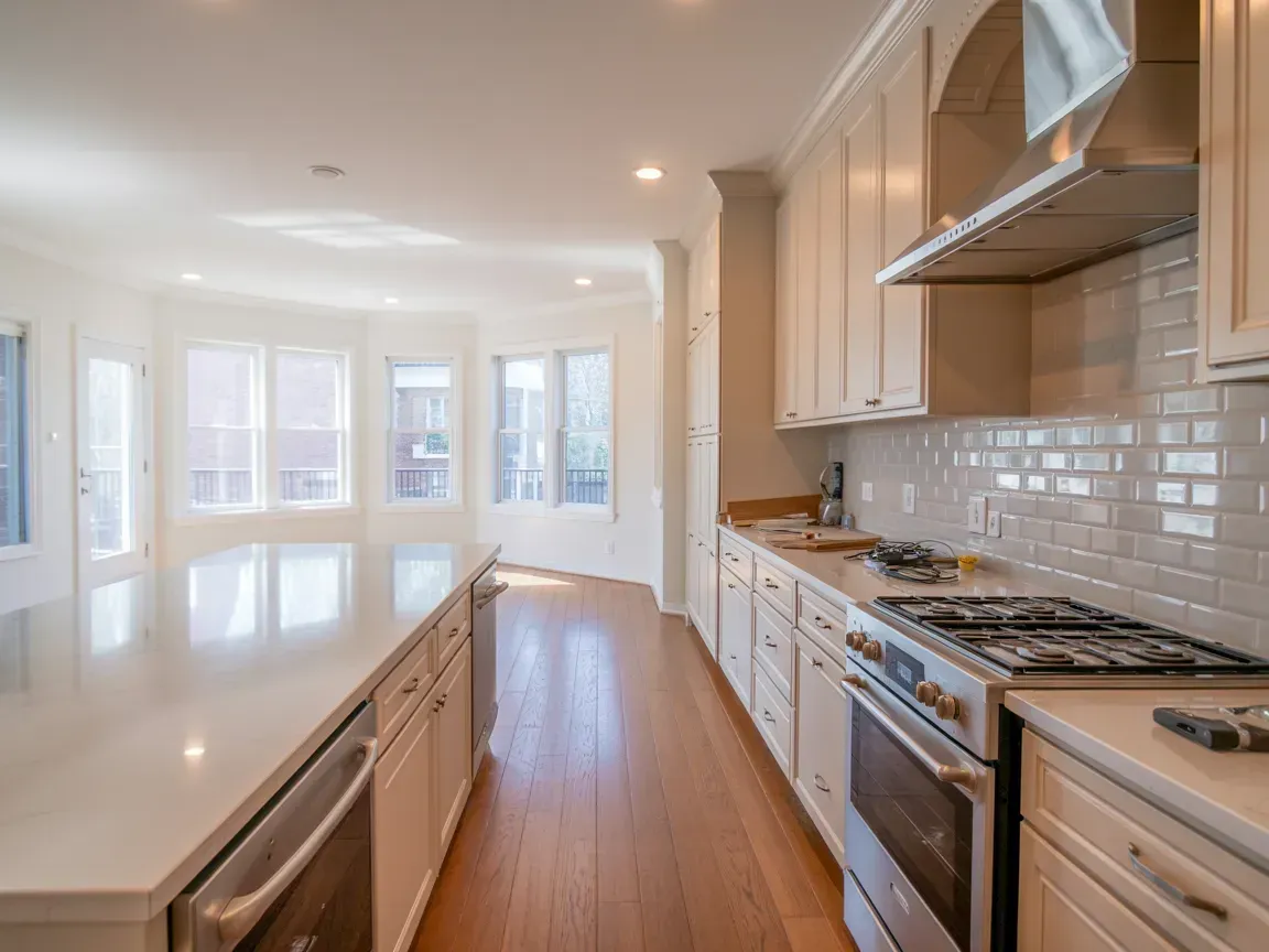 Bright modern kitchen with white cabinets, stainless appliances, and a long island beside bay windows