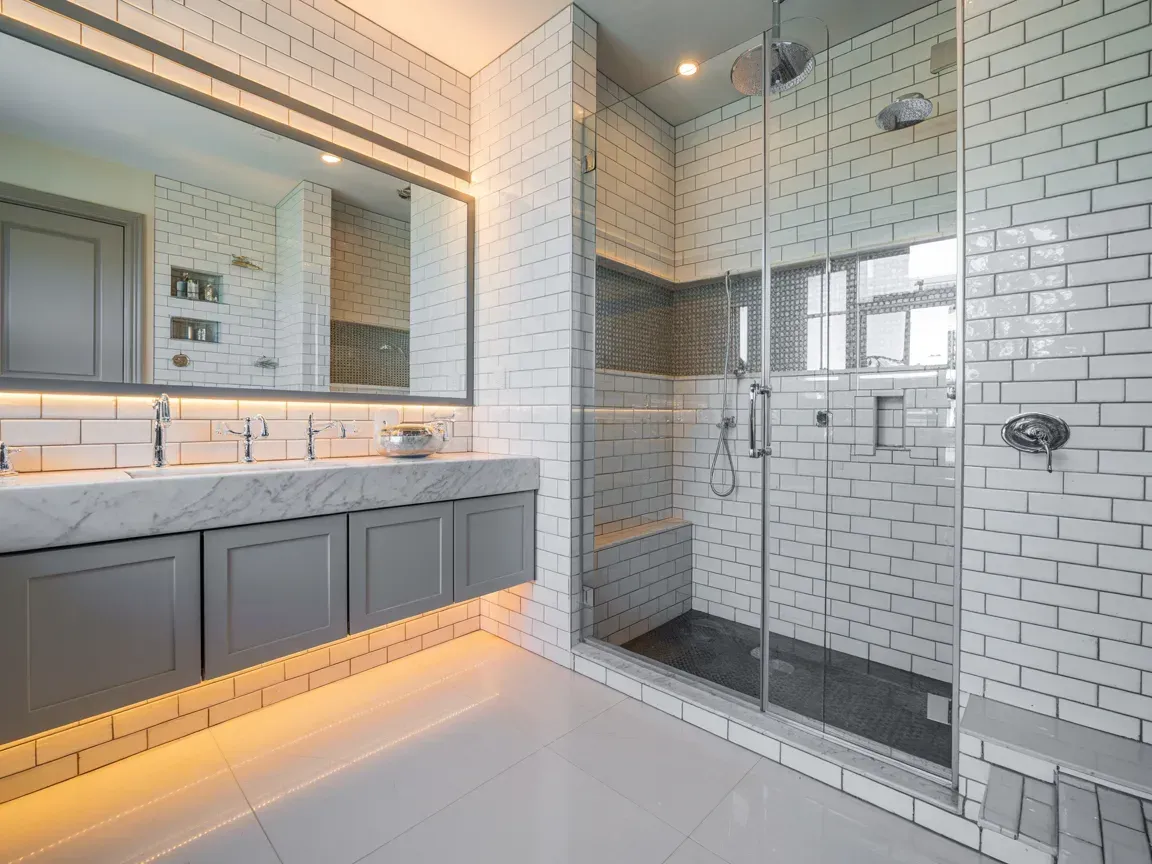 Modern bathroom with white tile, gray vanity, large mirror, and glass shower stall