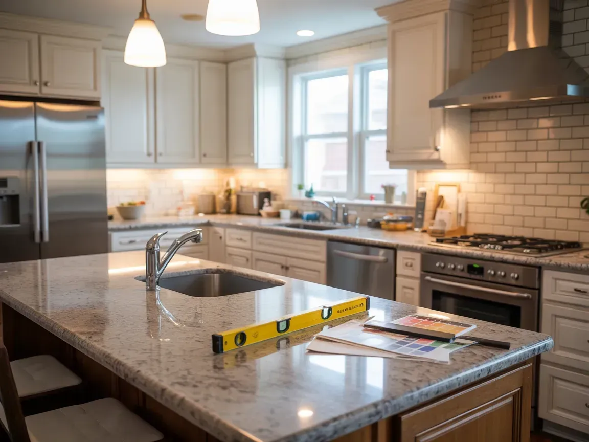 Modern kitchen with granite island, stainless appliances, and a level on the counter under pendant lights