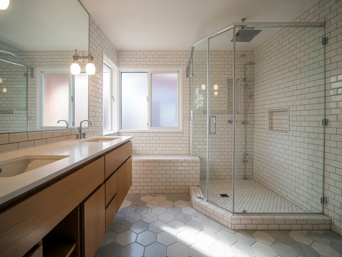 Bright modern bathroom with double vanity, large mirror, tiled floor, and glass-enclosed shower.