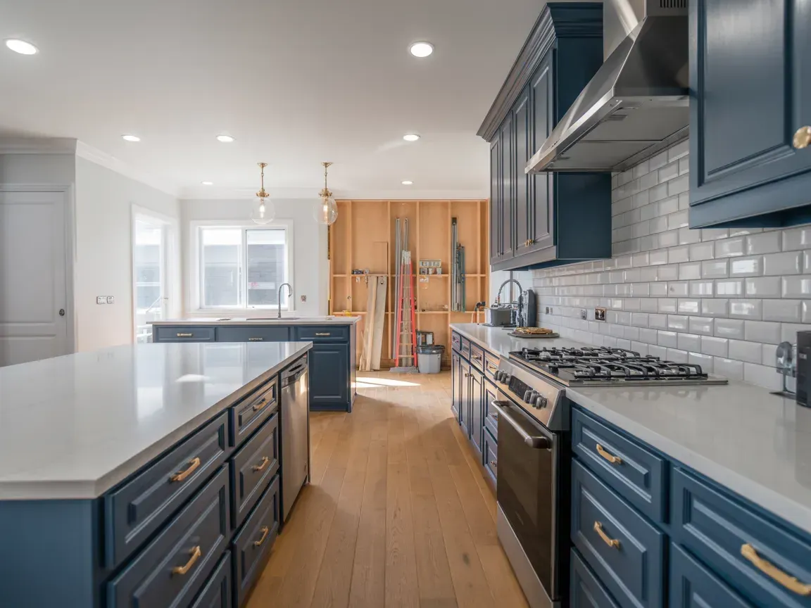 Modern kitchen with navy cabinets, white island, stainless stove, and wood floors