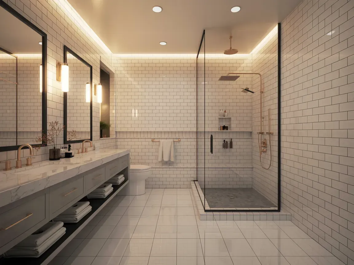 Modern bathroom with double sinks, glass shower, and white tiled walls and floor