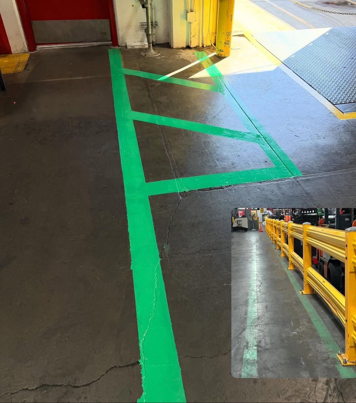 Green painted floor markings in an industrial setting, including a stylized