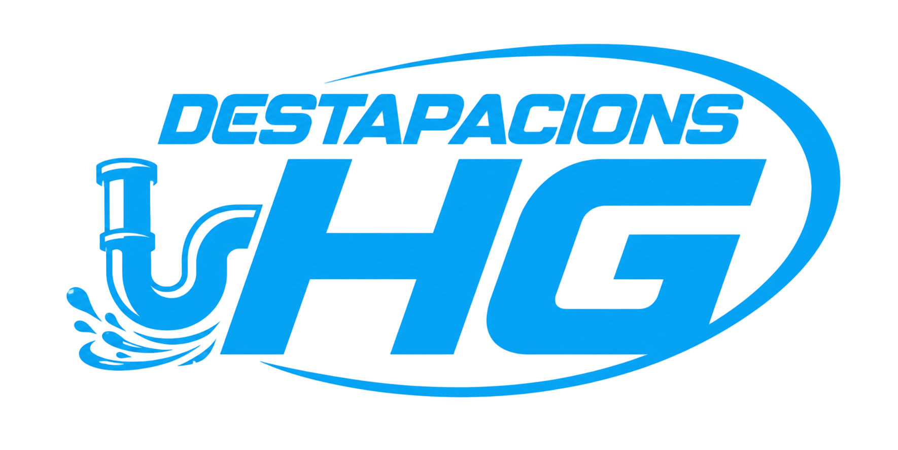 Logotipo azul con la inscripción “Destapacions HG” y un icono de tubería estilizada y salpicaduras de agua.
