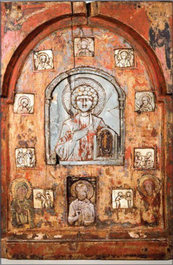 Committed Restoration by National Chaplain, Msgr. Terence Hogan ~ Fourth Century Fresco of Praying Figure. Father Mark Haydu showing the displayed piece.