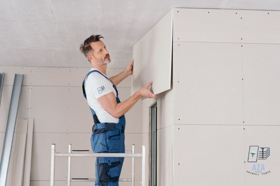 A drywall repair company worker at a commercial construction site installs a white drywall panel on an interior wall. The man in blue overalls and a white shirt positions the sheet with both hands in an unfinished room near W Medlock Dr, and N 180th Ln, Citrus Park, AZ.