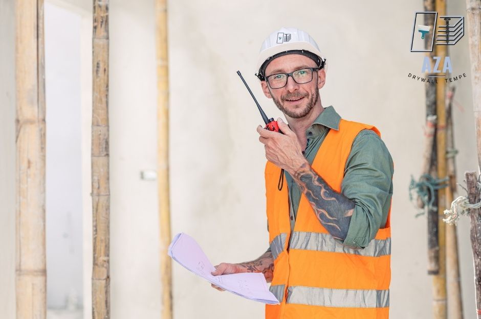 A drywall repair company worker at a residential construction site smiles while holding blueprints and a two-way radio. He wears a white hard hat, an orange high-visibility vest, and has tattoos on his arms. Wooden framing is visible in the background near Luna Rd E, and S Luna Cir, Litchfield Park, AZ.