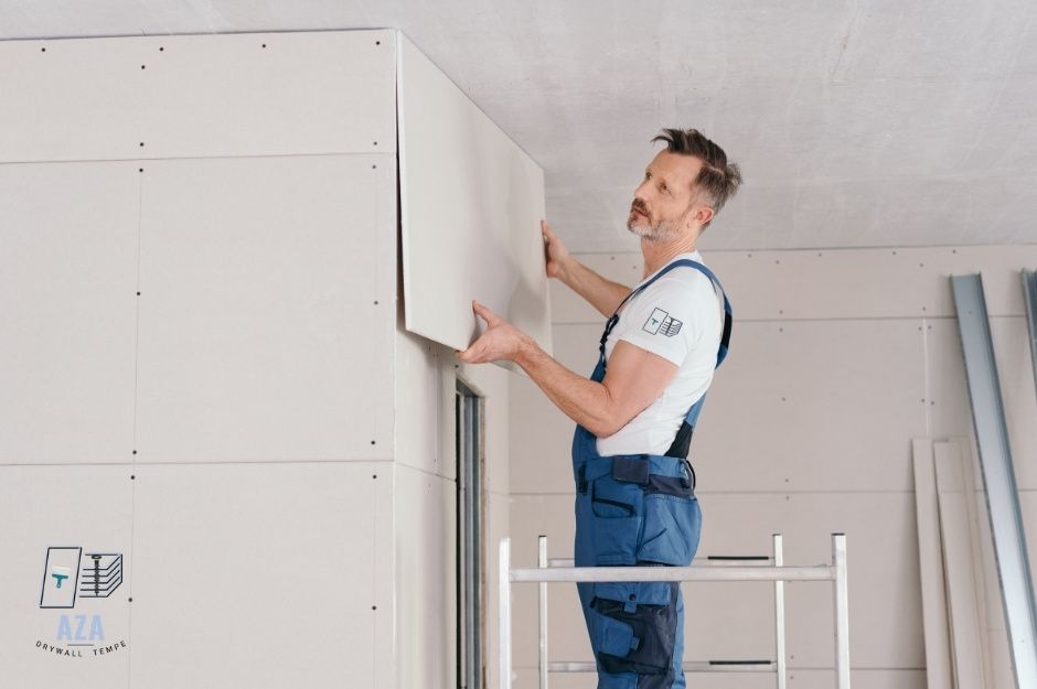 A drywall repair contractor at a commercial construction site in blue overalls and a white t-shirt carefully positions a large drywall panel against an unfinished wall. He is using both hands to align the sheet on a concrete block wall with visible screw holes near N Bandon Dr, and W Middlebury St, Surprise, AZ.
