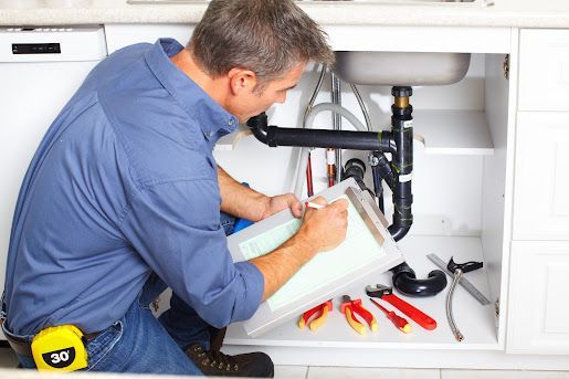 A Plumber is Working Under a Sink in a Kitchen — Seattle, WA — Quality Plumbing