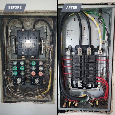 Electrical panel before and after upgrade. Old panel with fuses replaced by modern circuit breakers.