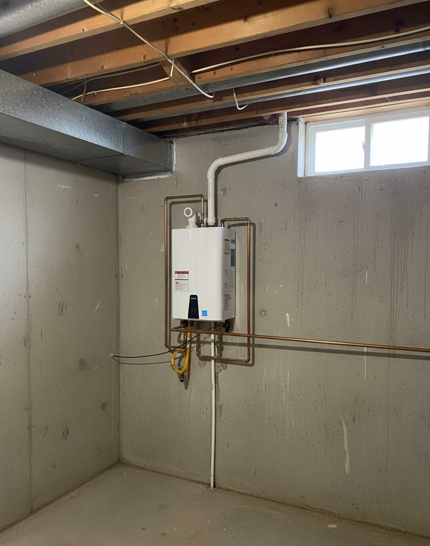 A tankless water heater installed in a basement, with copper pipes and a gas line.