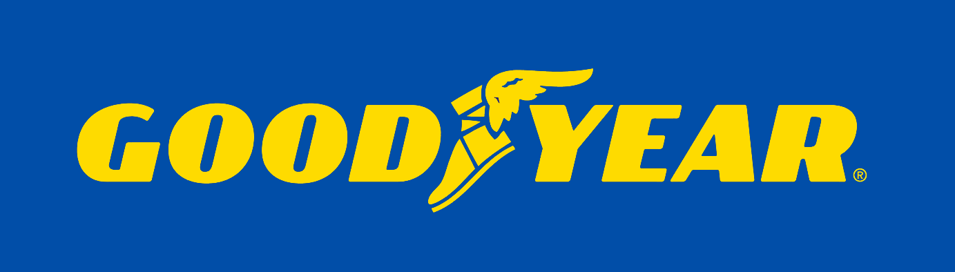 Goodyear logo in yellow letters on a blue background, with a winged foot graphic.