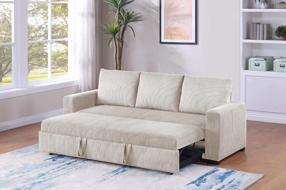 Ivory Corduroy Sofa Bed | Modern Pull-Out Sleeper
