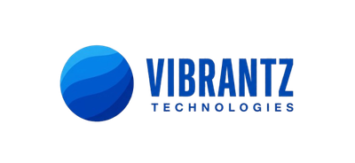 Logo for Vibrantz Technologies featuring a blue, abstract, wave-patterned circle next to the company name in blue text.