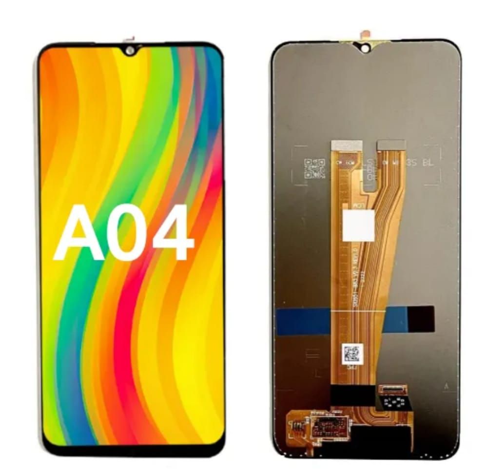 Pantalla del teléfono Samsung A04 que muestra el frente con fondo de arco iris y la parte posterior con componentes internos.