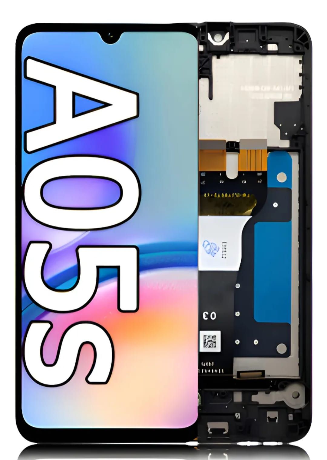 Reemplazo de pantalla del teléfono Samsung A05s con texto A05s superpuesto.