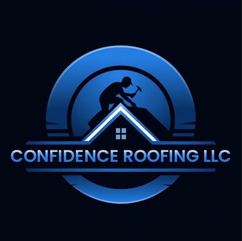 Logo for Confidence Roofing LLC with a roofer silhouetted on a roof, in a blue circular design.